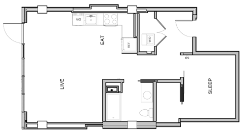 Floor plan for 1 bed, 1 bath, 735 sqft